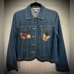 Embroidered Blue Denim Jacket with Floral & Butterfly Appliqués